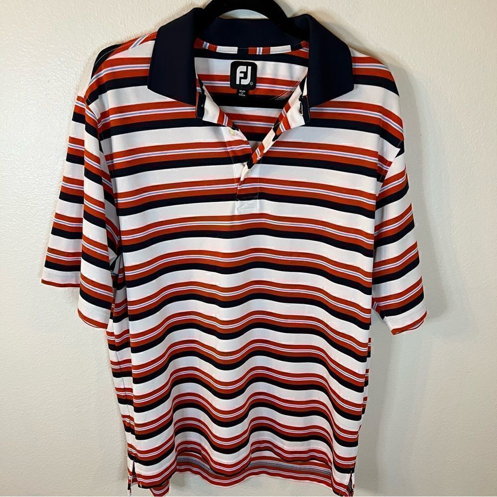 FootJoy FJ Golf Shirt Polo Size Large Orange Black White Stripes Pique Fabric